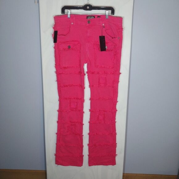 AHP Men's Jeans Sz 36x36 Pink Stacked Distressed Frayed Hip Hop Punk Streetwear - Picture 1 of 14